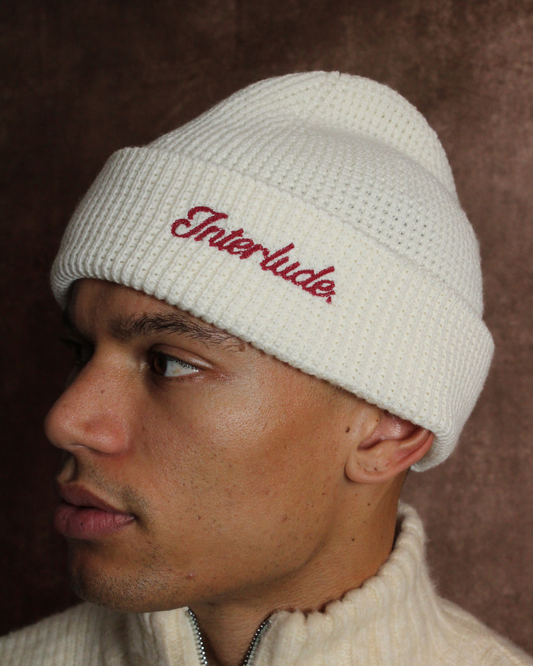 Waffle Knit Beanie - White/Red