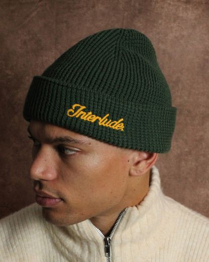Waffle Knit Beanie -  Green/Gold