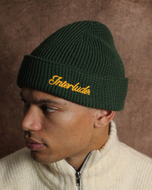 Waffle Knit Beanie -  Green/Gold